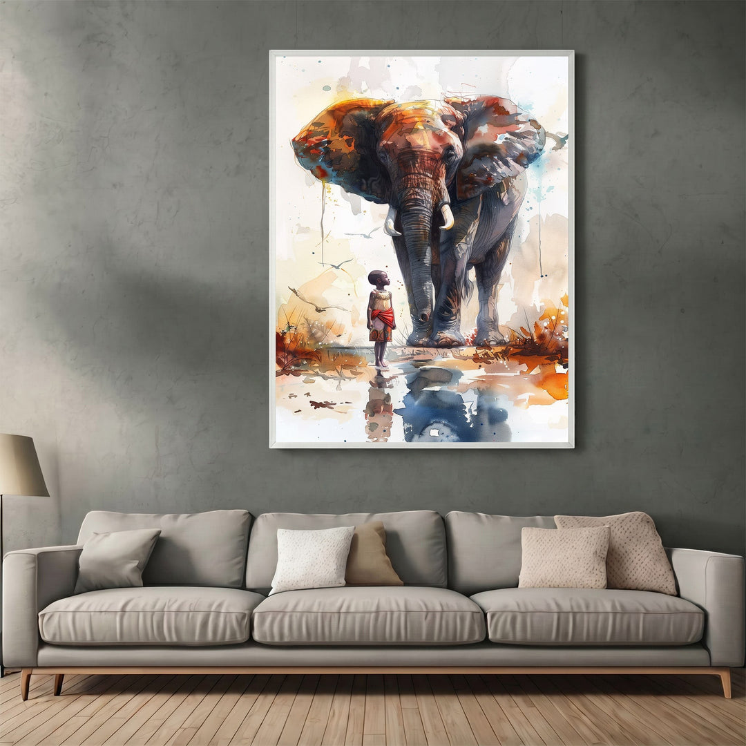 Wadi Home watercolor wall art print featuring an elephant and child in orange, brown, and blue tones above a sofa.