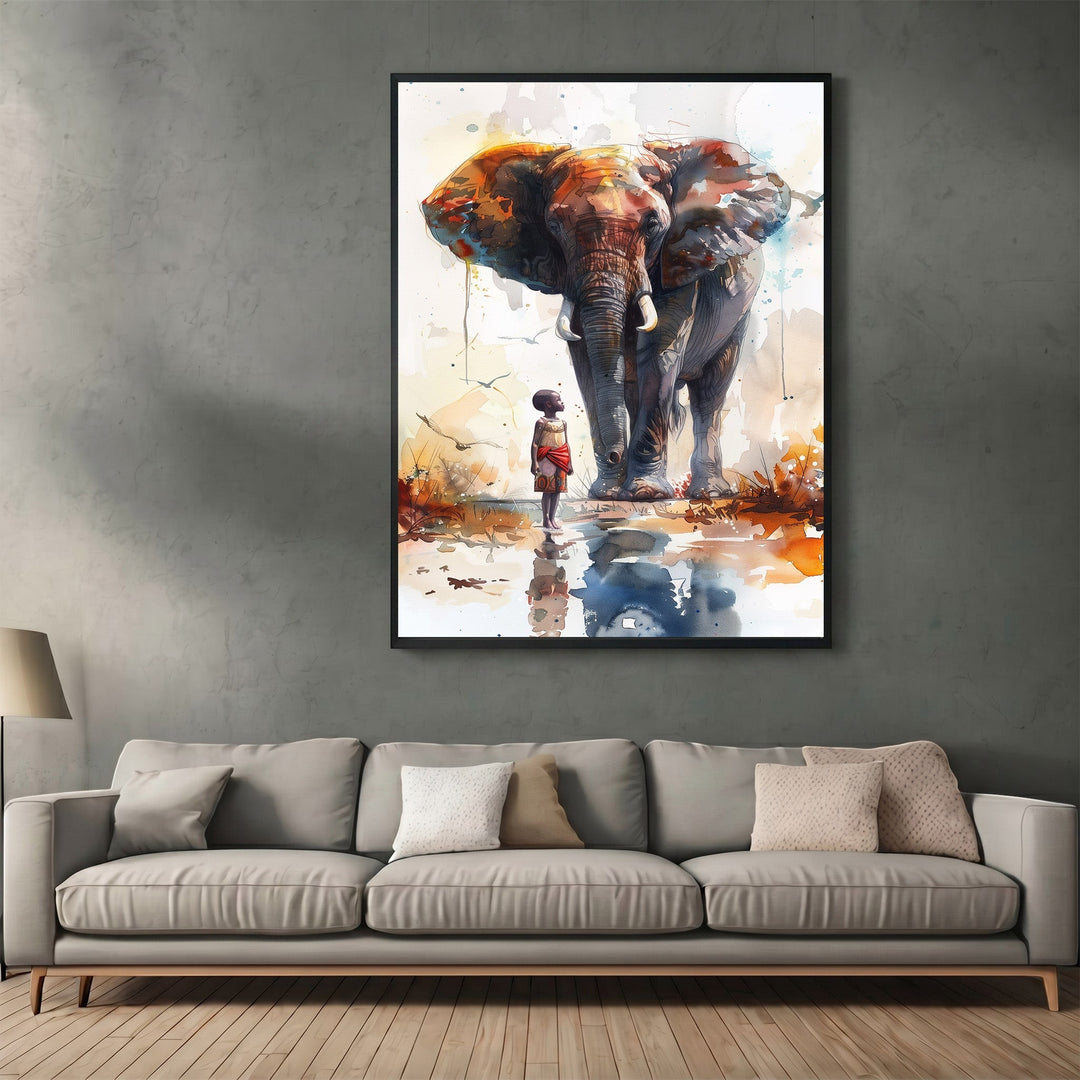 Wadi Home watercolor wall art print featuring a majestic elephant and a child in warm orange and blue tones.
