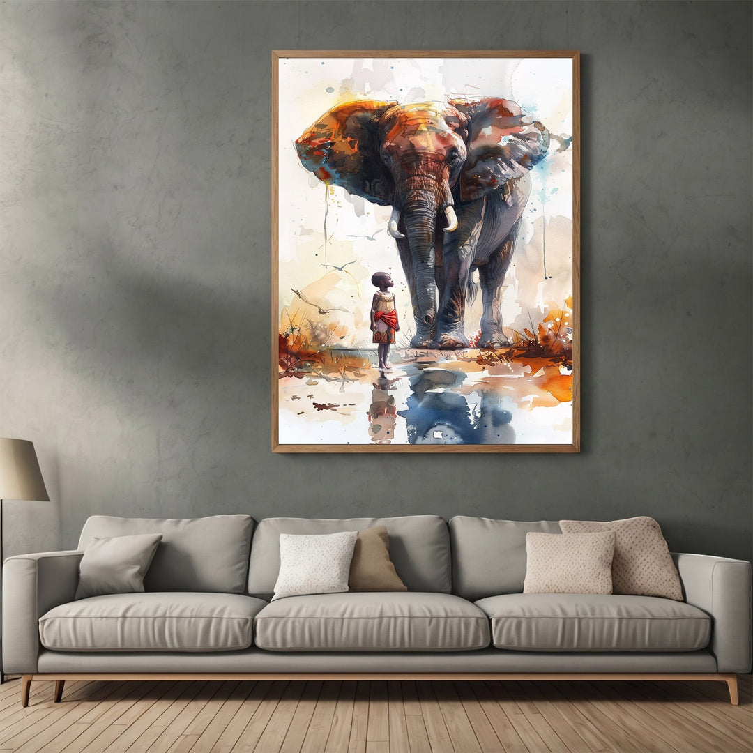 Wadi Home watercolor wall art print featuring an elephant and child in orange, brown, and blue tones above a sofa.