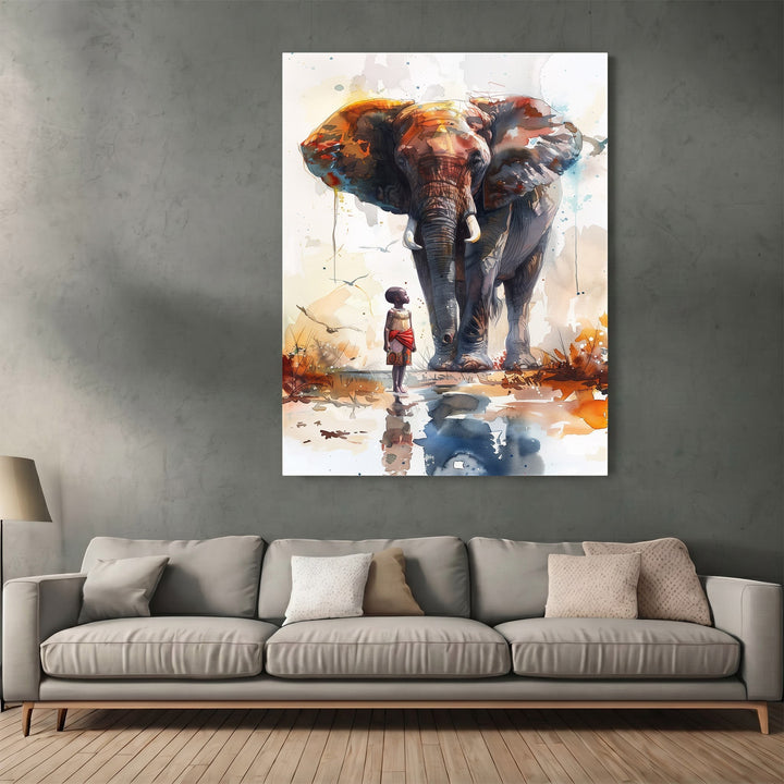 Wadi Home watercolor wall art print featuring a majestic elephant and a child in warm orange and blue tones.