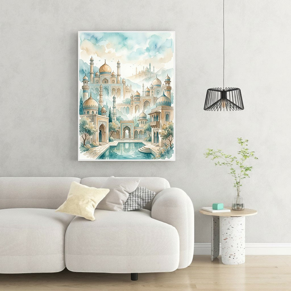 Wadi Home watercolor landscape art of a palace complex with domes, minarets, pool, and greenery in soft blues, greens, and golds.