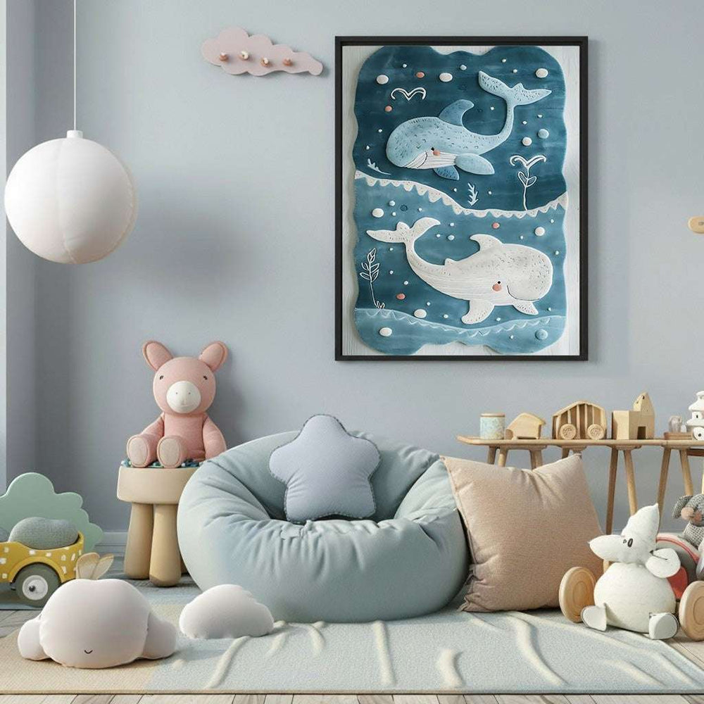 Wadi Home framed wall art with two whales, one blue and one white, in a playful underwater scene with bubbles and plants.