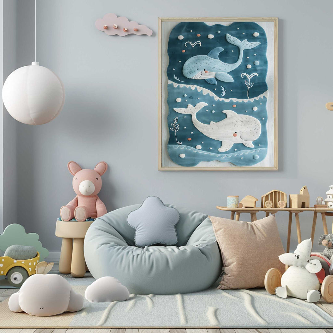 Wadi Home framed art print featuring two cartoon whales in a blue underwater scene with bubbles and plants. Perfect for a nursery.