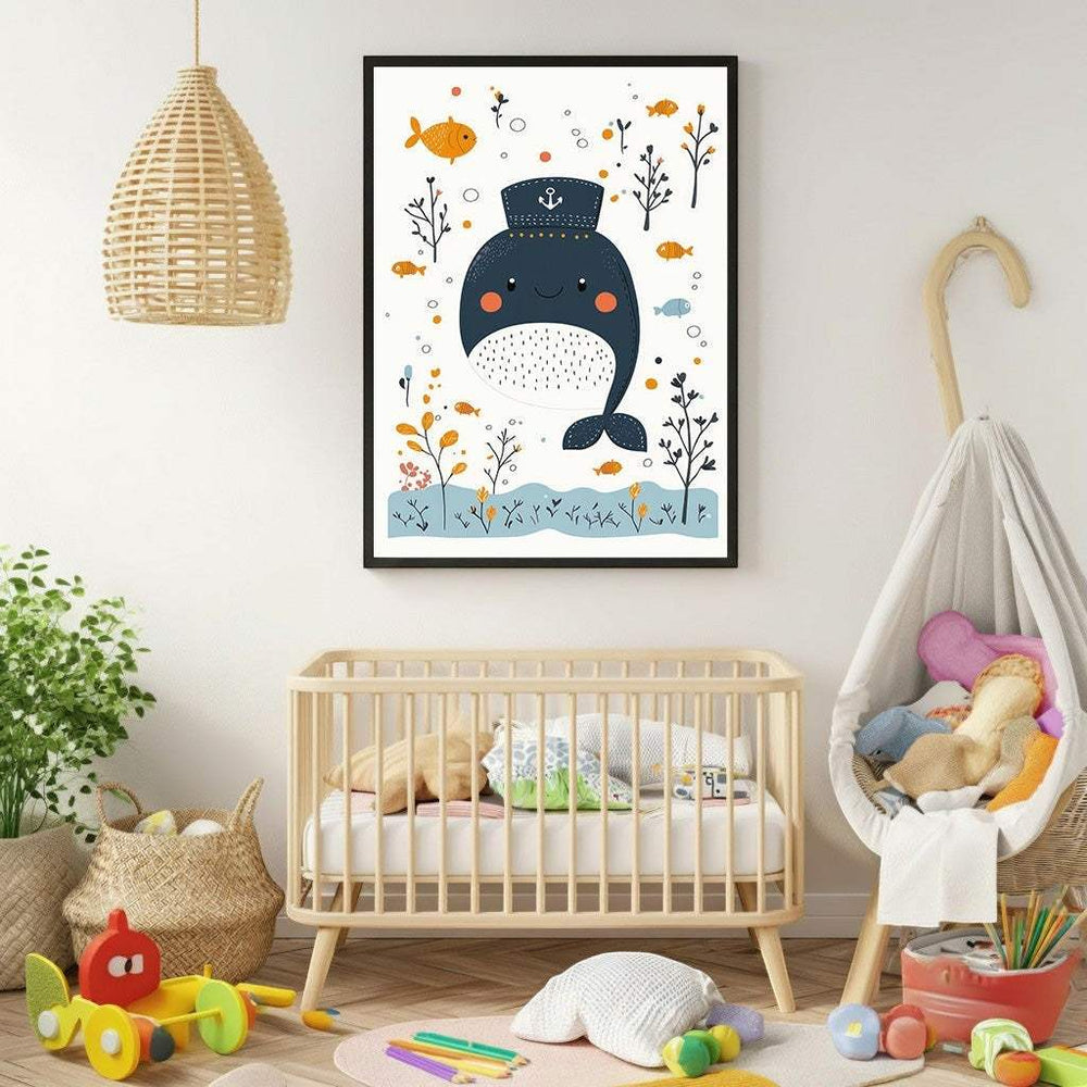 Wadi Home framed nursery art featuring a cute whale in a sailor hat with fish and plants. Soft blue, orange, and white colors.