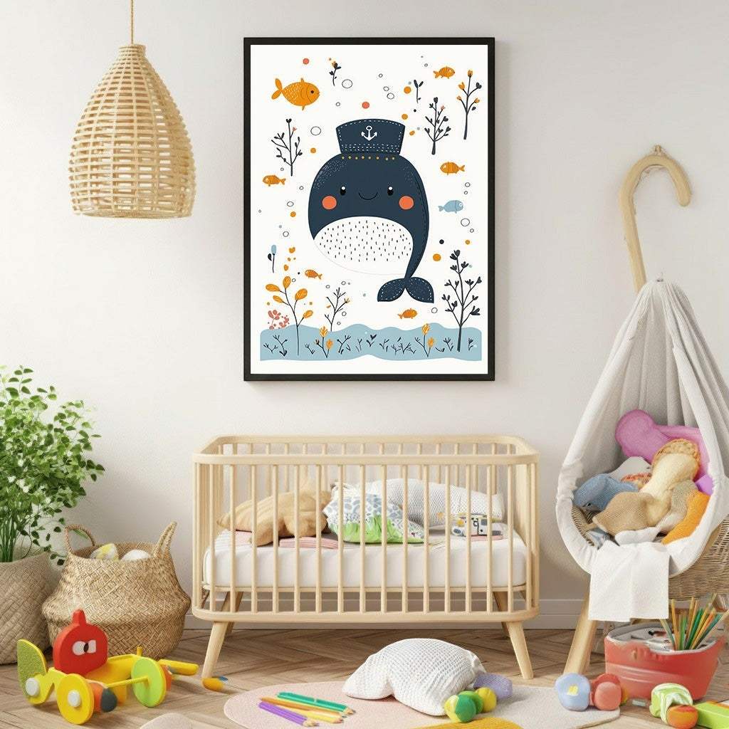 Wadi Home framed nursery art featuring a cute whale in a sailor hat with fish and plants. Soft blue, orange, and white colors.