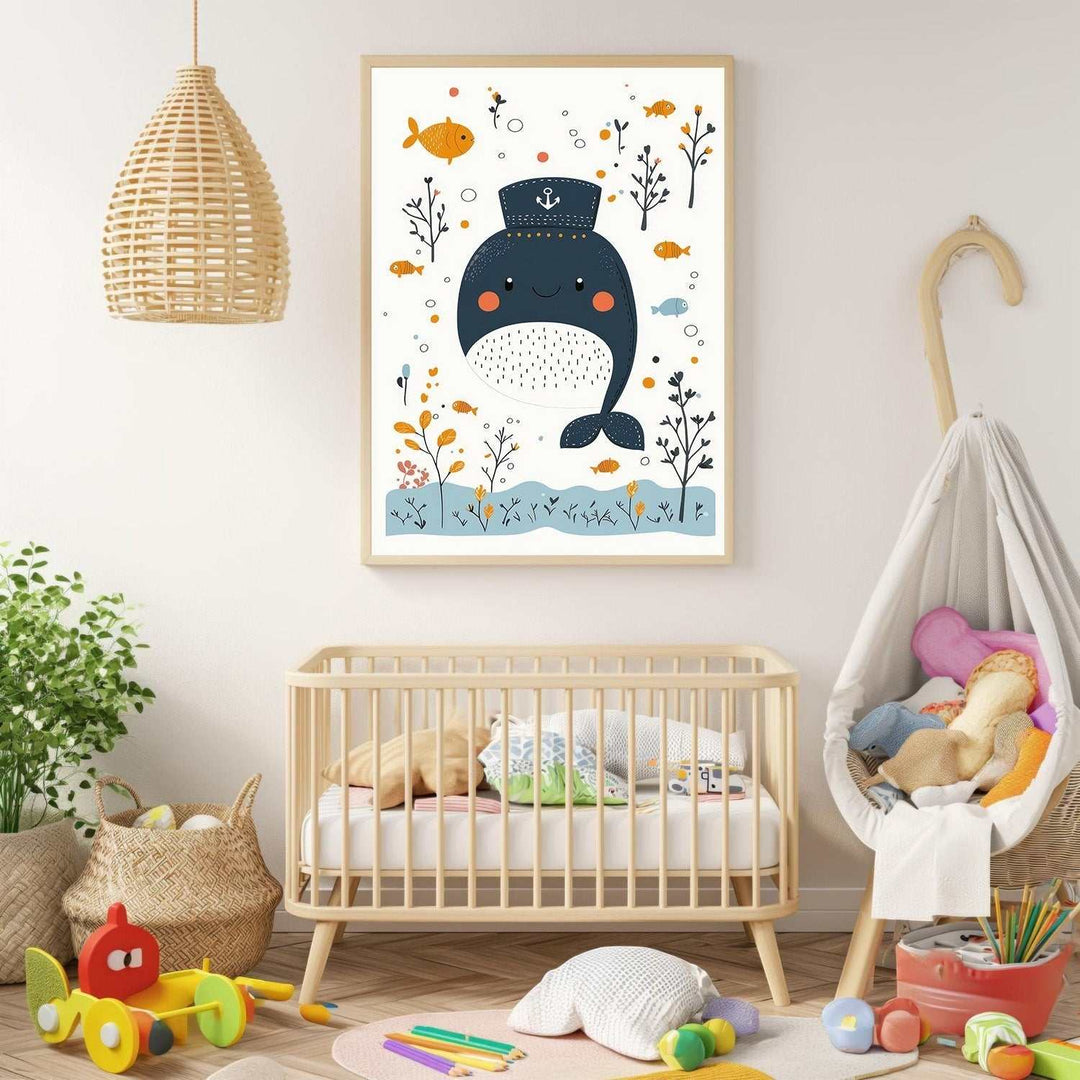 Wadi Home framed nursery art featuring a cute whale in a sailor hat with fish and plants. Soft blue, orange, and white colors.