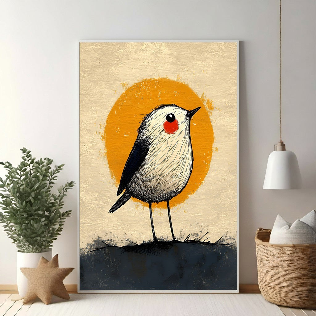 Wadi Home whimsical bird art print with a white and black bird with red cheeks against a textured orange sun.