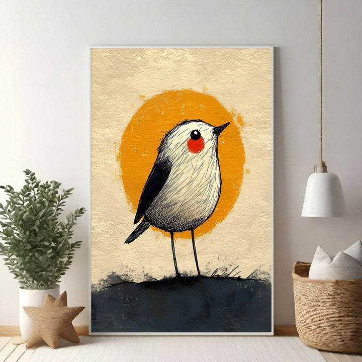Wadi Home whimsical bird art print with a white and black bird with red cheeks against a textured orange sun.