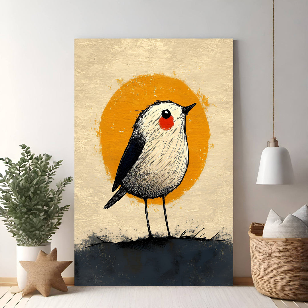 Wadi Home whimsical bird art print with textured orange sun background. Features a black and white bird with red cheeks.