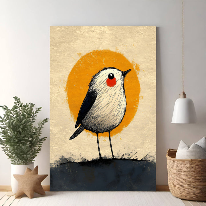 Wadi Home whimsical bird art print with textured orange sun background. Features a black and white bird with red cheeks.