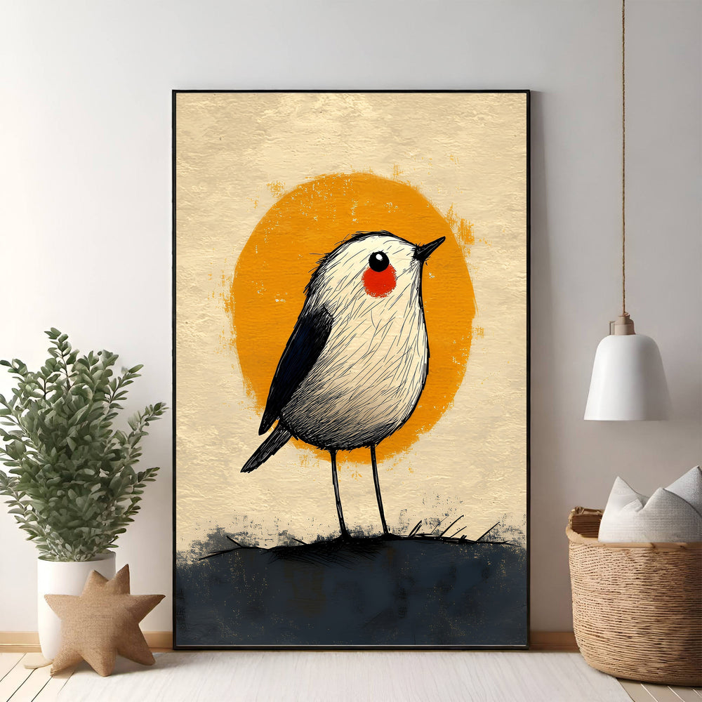Wadi Home whimsical bird art print with a white and black bird with a red cheek against a textured yellow sun.