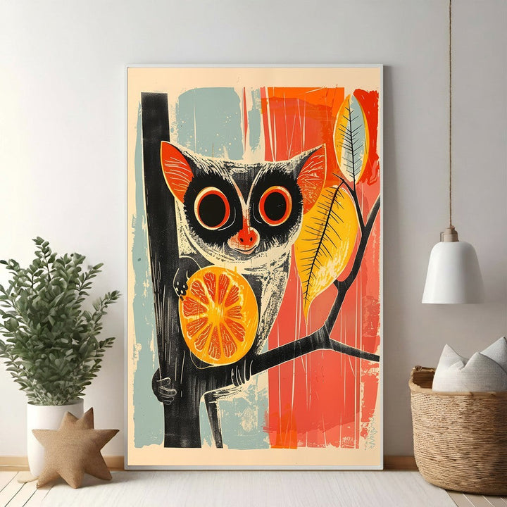 Wadi Home whimsical art print of a grey forest creature with large eyes holding a slice of orange, perched on a branch.