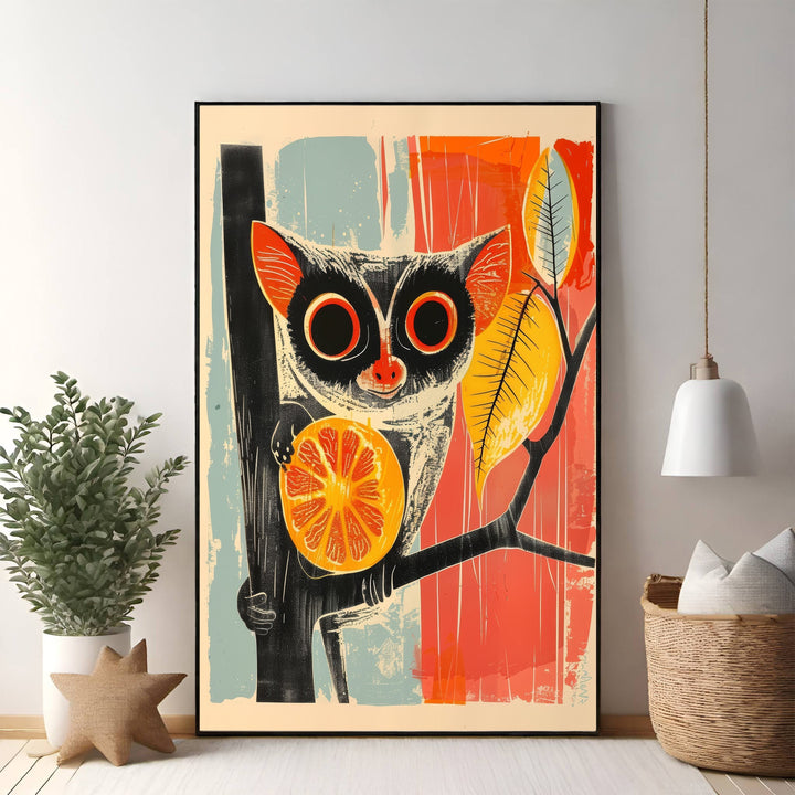 Wadi Home whimsical art print of a grey forest creature with large eyes holding a slice of orange, perched on a branch.