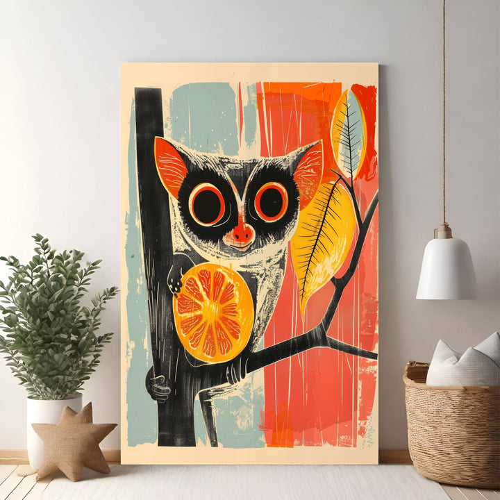 Wadi Home whimsical art print of a grey forest creature with large eyes holding a slice of orange, perched on a branch.