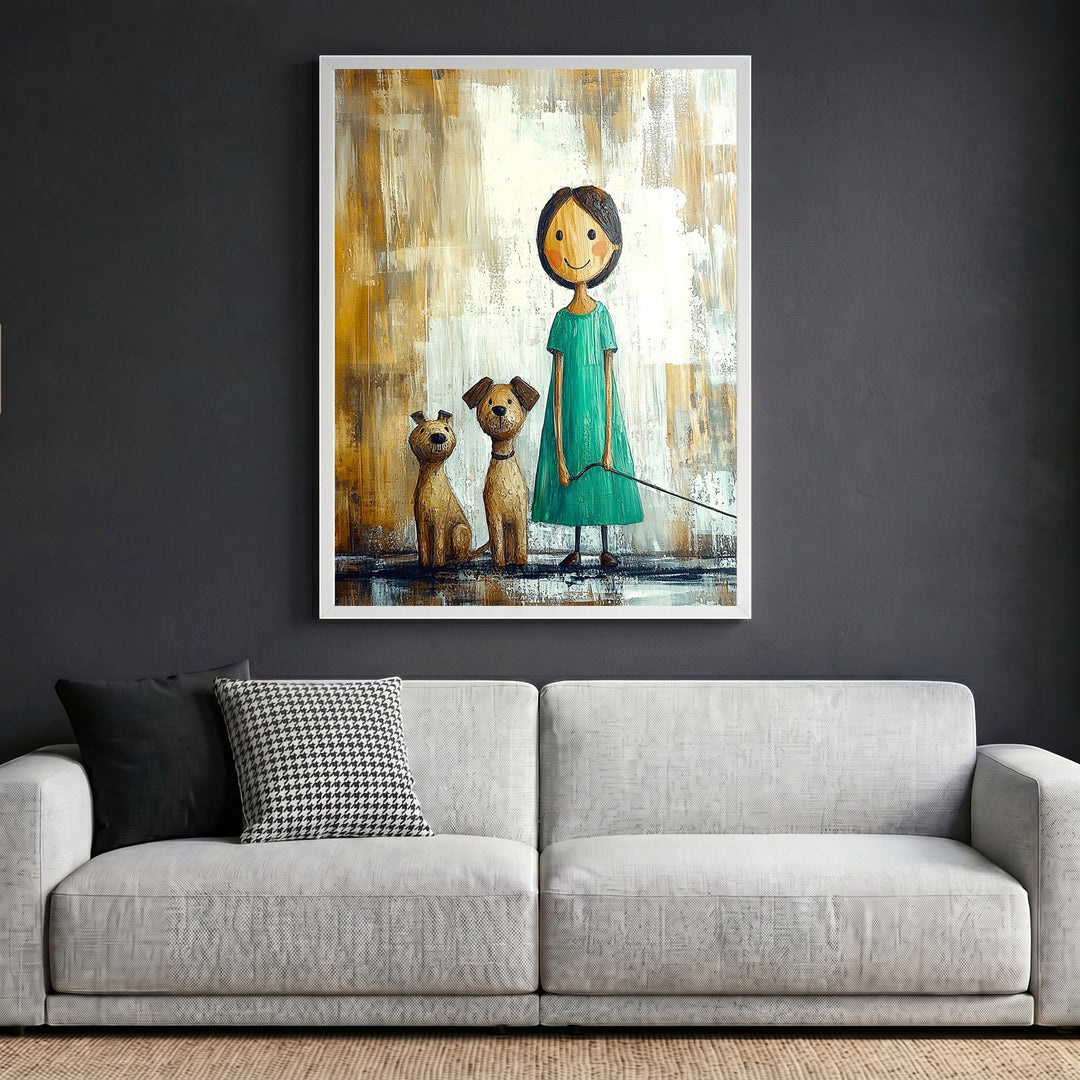 Wadi Home framed wall art print featuring a whimsical girl with two dogs in teal and earthy tones on a grey wall.