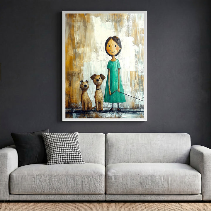 Wadi Home framed wall art print featuring a whimsical girl with two dogs in teal and earthy tones on a grey wall.