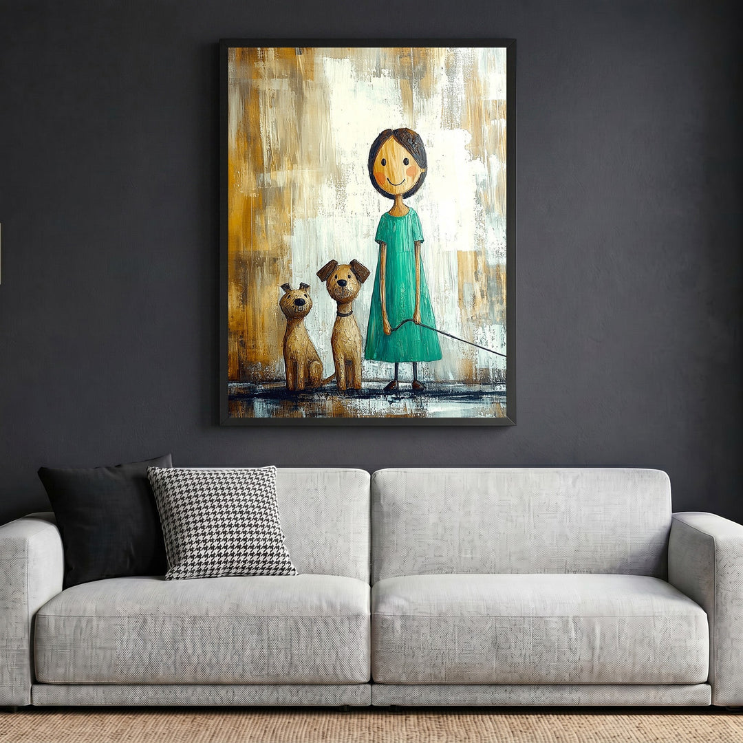 Wadi Home framed wall art print featuring a whimsical illustration of a girl with two dogs in teal and earthy tones.