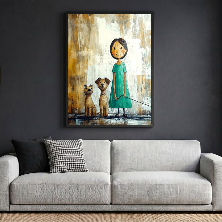 Wadi Home framed wall art print featuring a whimsical illustration of a girl with two dogs in teal and earthy tones.
