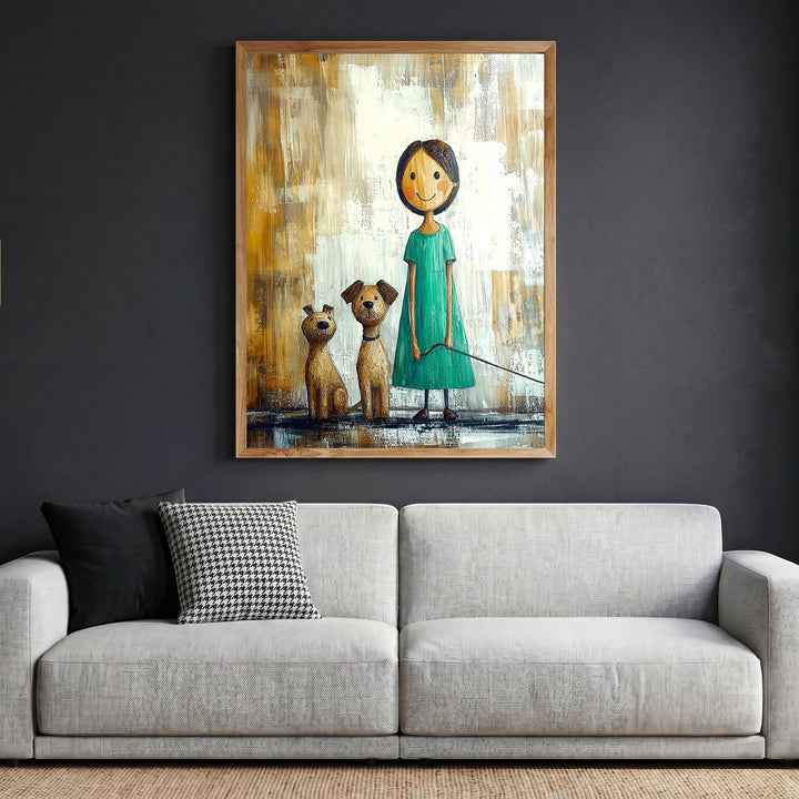 Wadi Home framed wall art featuring a whimsical illustration of a girl and two dogs in teal and earthy tones.