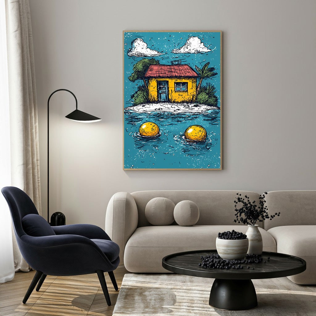 Wadi Home whimsical island house artwork with yellow house, red roof, palm tree, and two floating yellow orbs in turquoise water.