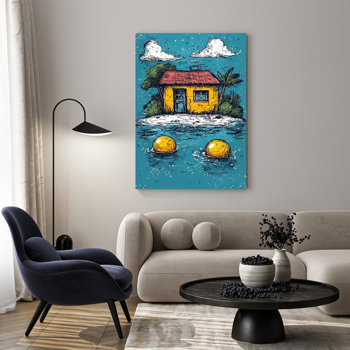 Wadi Home whimsical island house artwork with yellow house, red roof, palm tree, and two floating yellow orbs on turquoise water.