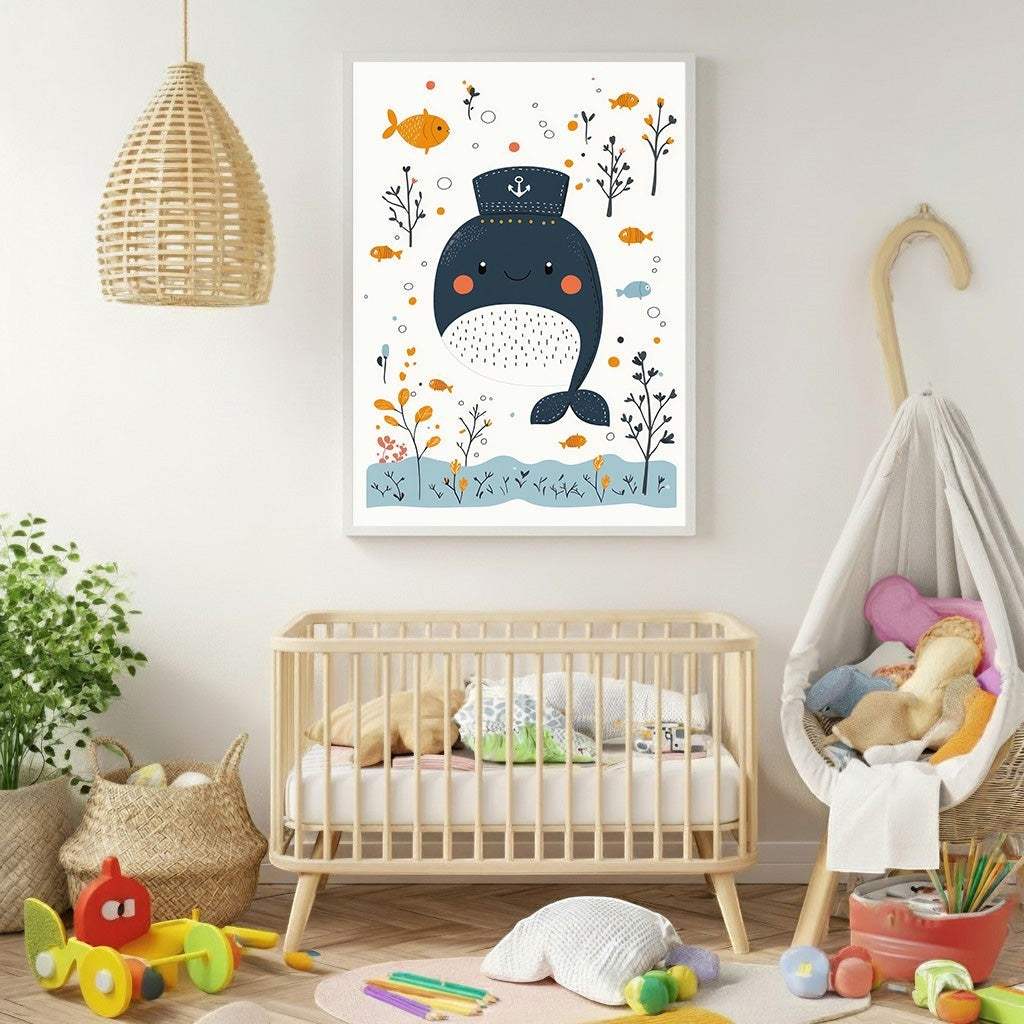 Wadi Home whimsical whale nursery art print with sailor hat, fish, and underwater plants in a nursery setting.