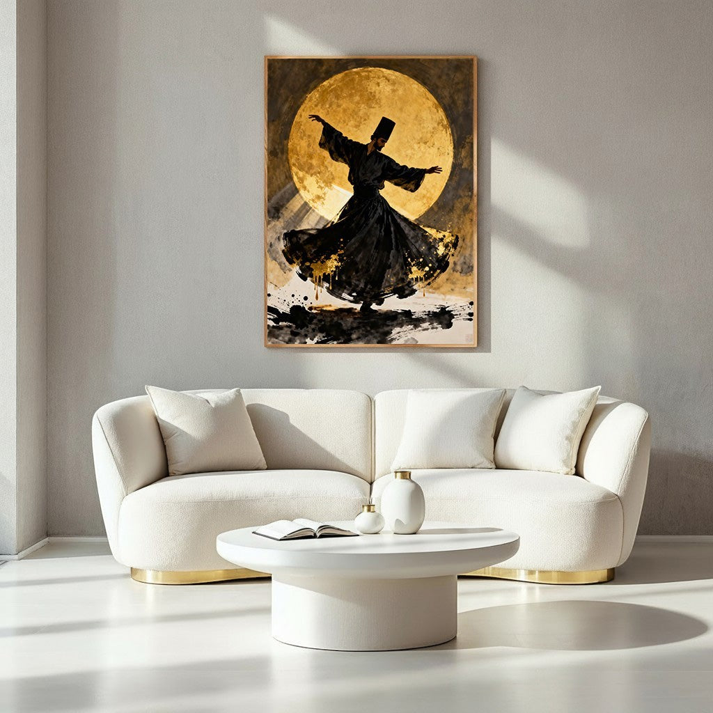 Wadi Home Whirling Dervish artwork in black silhouette against a radiant golden moon, dynamic brushstrokes, spiritual art.
