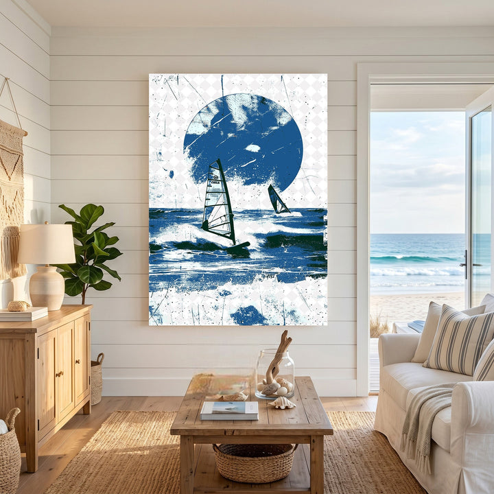 Wadi Home framed wall art featuring a blue windsurfing ocean scene displayed in a coastal living room.