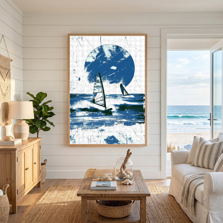 Wadi Home framed wall art featuring a blue windsurfing ocean scene displayed in a bright, coastal-style living room.