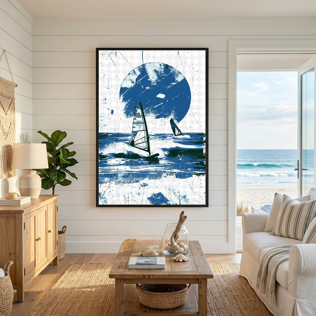Wadi Home framed wall art featuring a blue windsurfing ocean scene displayed in a bright coastal living room.