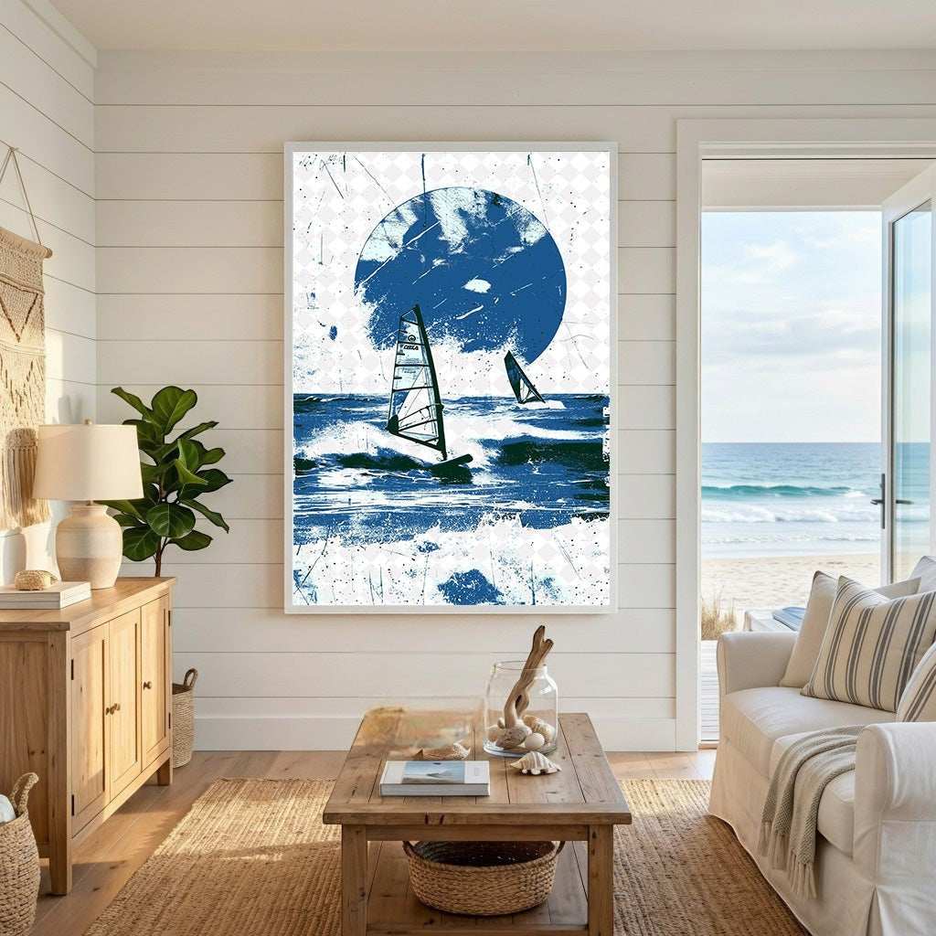 Wadi Home framed wall art featuring a blue windsurfing ocean scene displayed in a bright coastal living room.