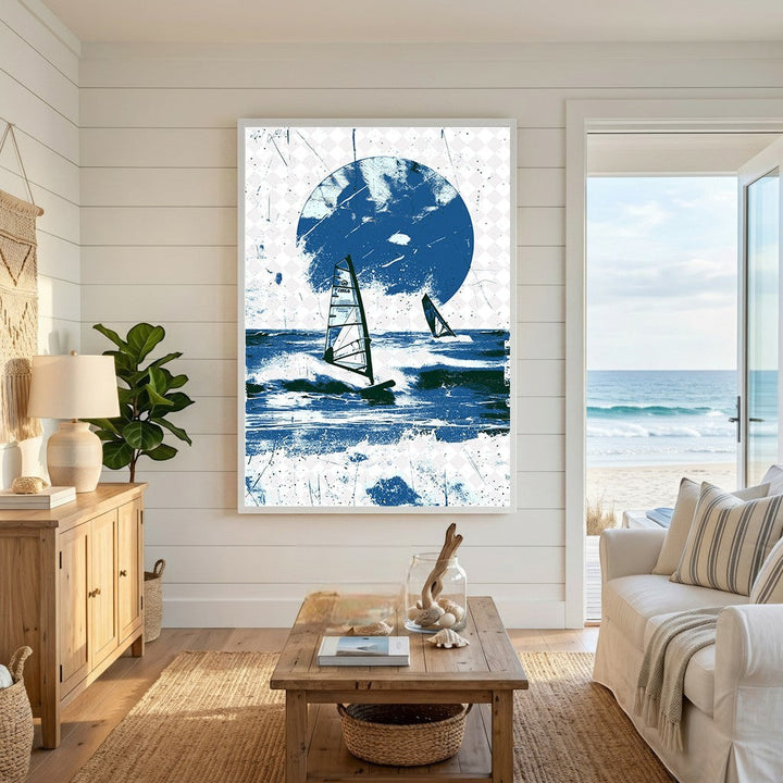 Wadi Home framed wall art featuring a blue windsurfing ocean scene displayed in a bright coastal living room.