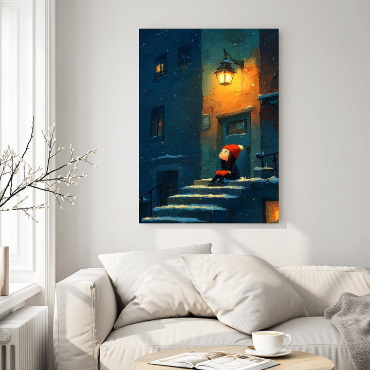 Wadi Home winter evening scene wall art with child in red hat sitting on snow-covered steps, illuminated by a lantern.