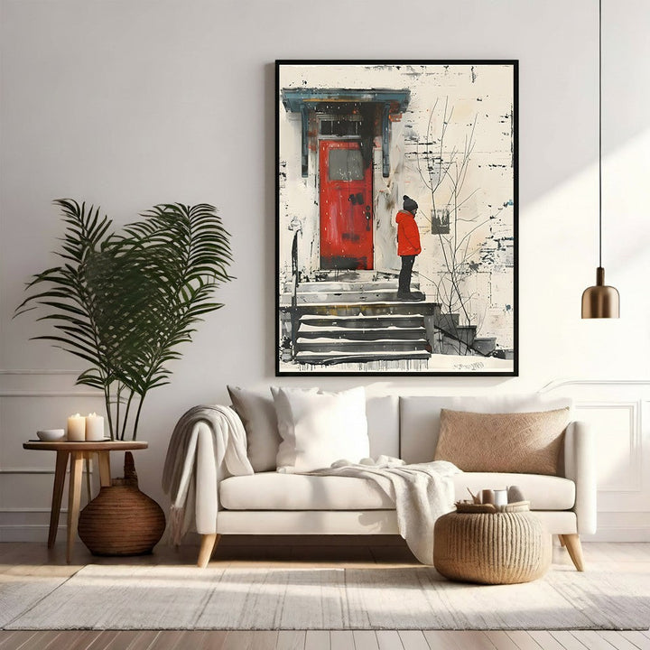 Wadi Home artwork: child in red coat on snowy steps before a red door, painterly style, winter scene.