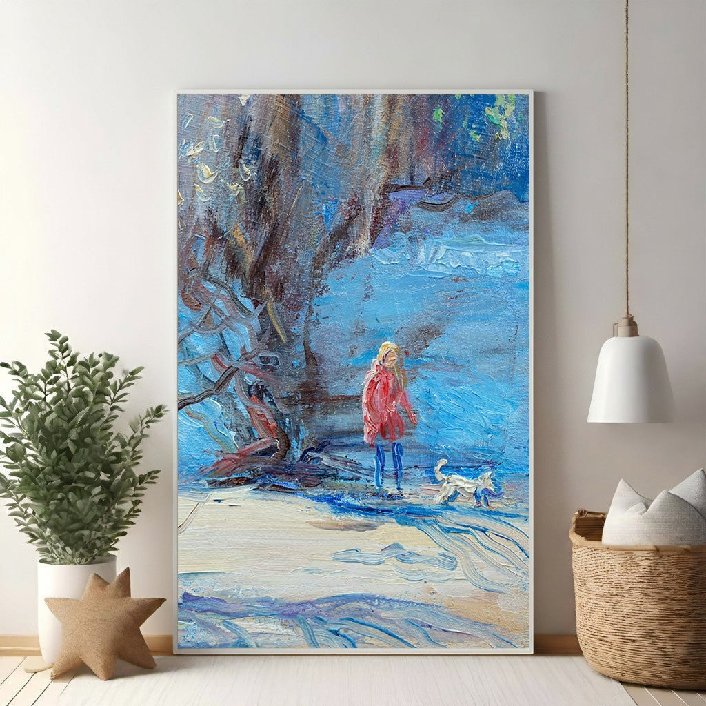 Wadi Home impressionist oil painting of a woman in a red coat walking a white dog in a snowy landscape with textured blue brushstrokes.
