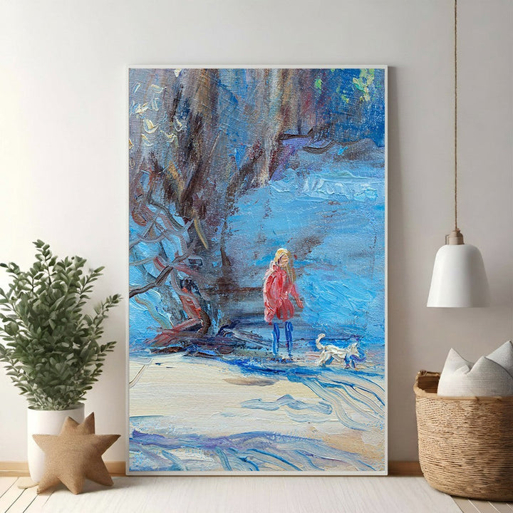Wadi Home impressionist oil painting of a woman in a red coat walking a white dog in a snowy landscape with textured blue brushstrokes.