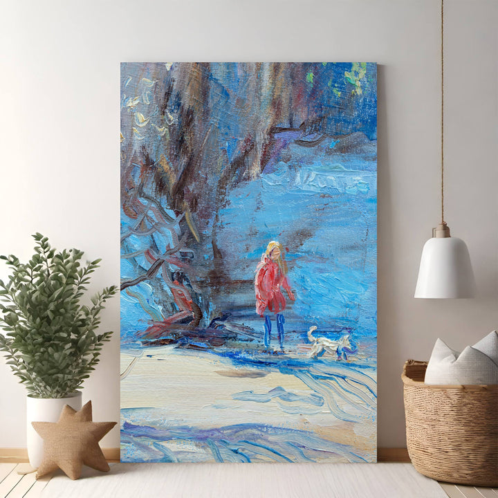 Wadi Home impressionist oil painting of a woman in a red coat walking a white dog in a snowy landscape with blue hues.