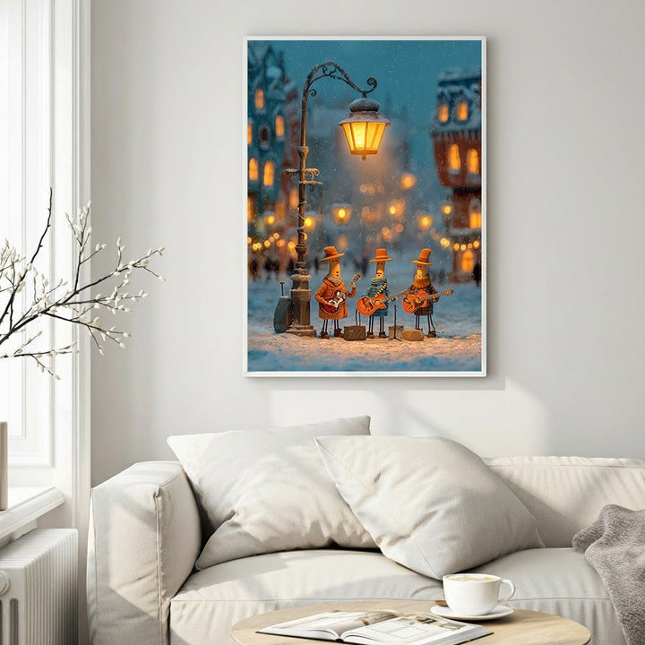 Wadi Home Street Musicians In Winter Wonderland art print. Three whimsical characters play guitars under a vintage streetlamp in a snowy European town.