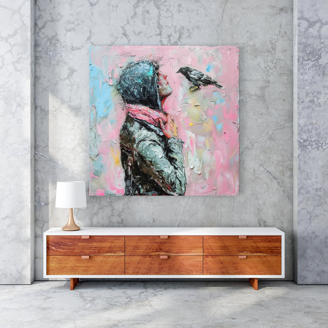 Wadi Home painting of a woman in a hooded jacket and pink scarf looking up at a bird against a textured pink background, impasto technique.