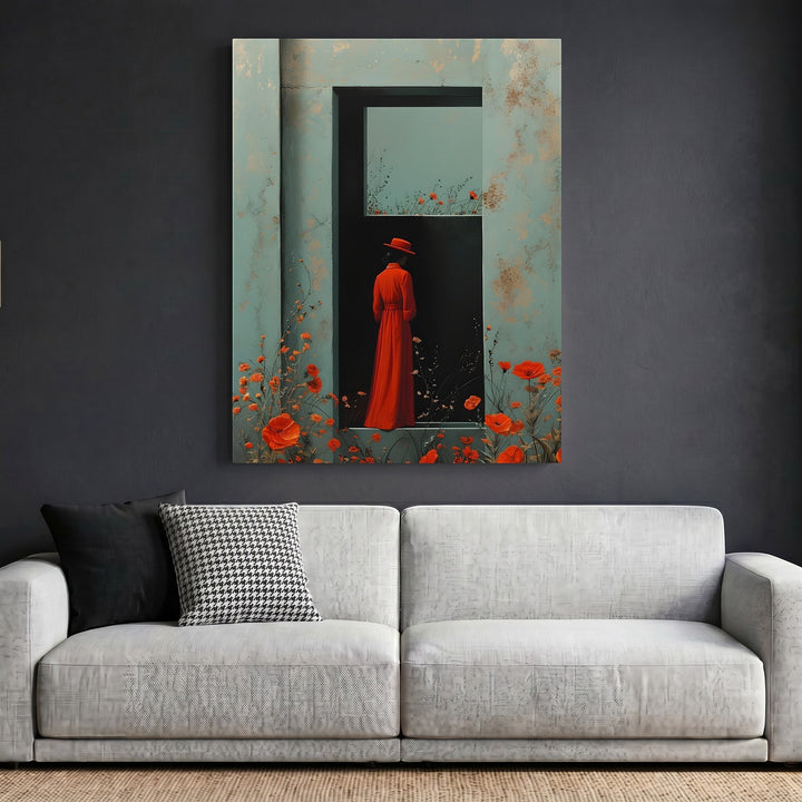 Wadi Home framed wall art featuring a woman in a red dress and hat standing in a doorway surrounded by red poppies.