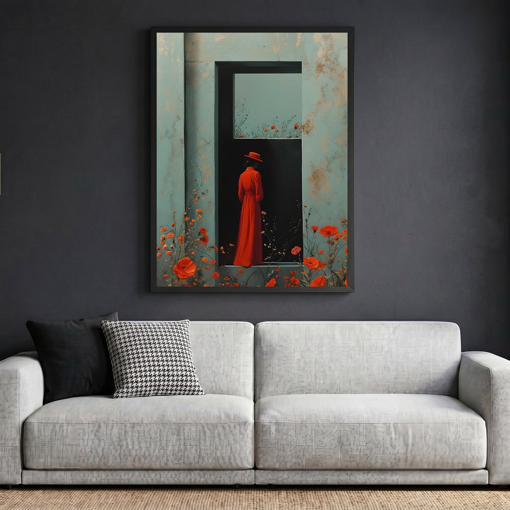 Wadi Home framed wall art featuring a woman in a red dress and hat standing in a doorway with poppies.