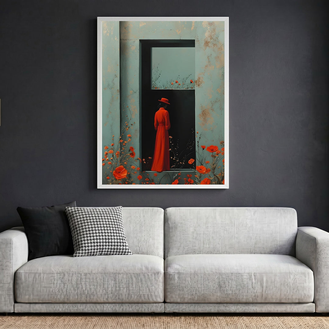 Wadi Home framed wall art featuring a woman in a red dress and hat standing in a doorway with poppies on a teal wall