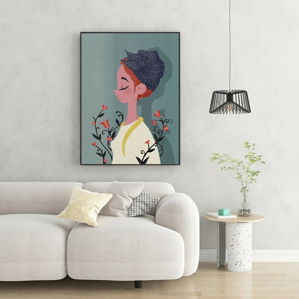 Wadi Home minimalist illustration of a woman with a headwrap and red flowers on a teal background.