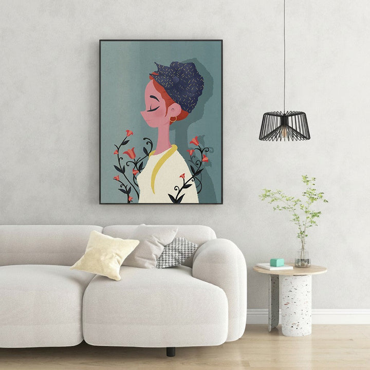 Wadi Home minimalist illustration of a woman with a headwrap and red flowers on a teal background.