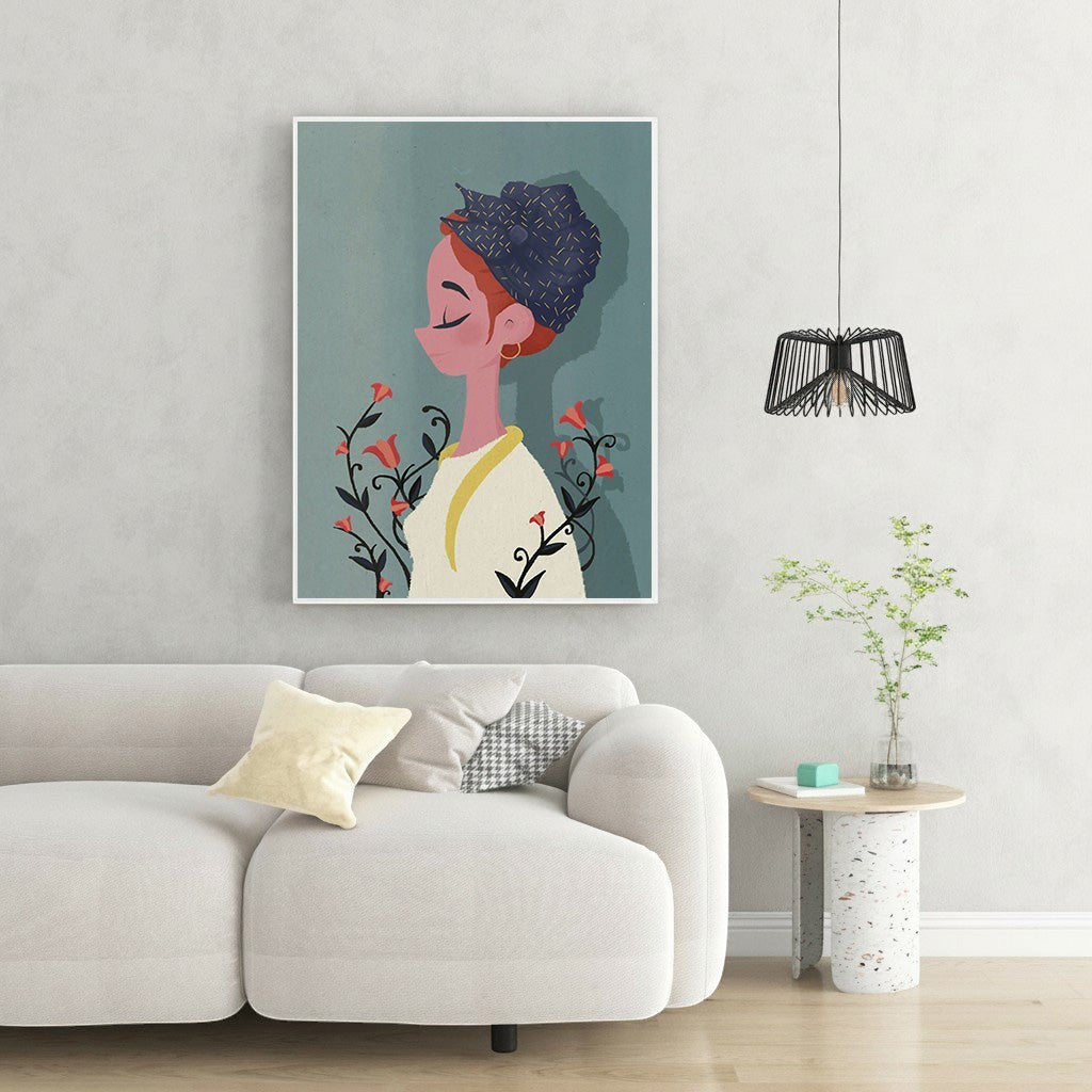 Wadi Home minimalist illustration of a woman with a headwrap and red flowers on a teal background.