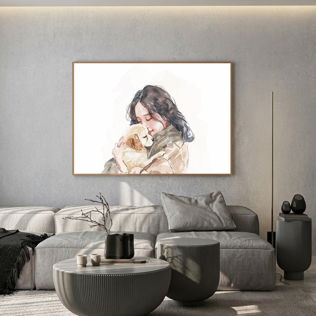 Wadi Home framed watercolor print of a young woman hugging a golden retriever puppy.