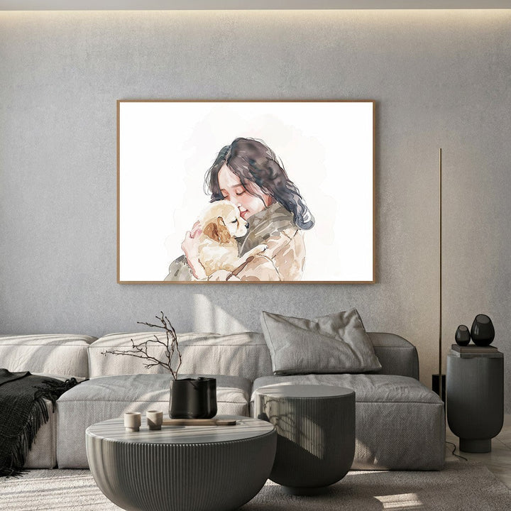 Wadi Home framed watercolor print of a young woman hugging a golden retriever puppy.