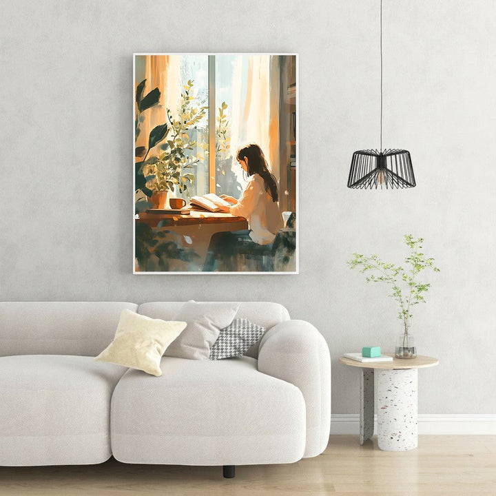 Wadi Home art print of a woman reading by a sunlit window, with plants and a coffee cup on the table.