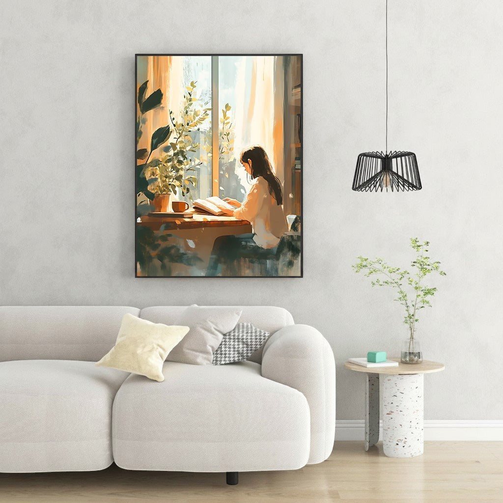 Wadi Home art print of a woman reading by a sunlit window, with plants and a cup on the table.