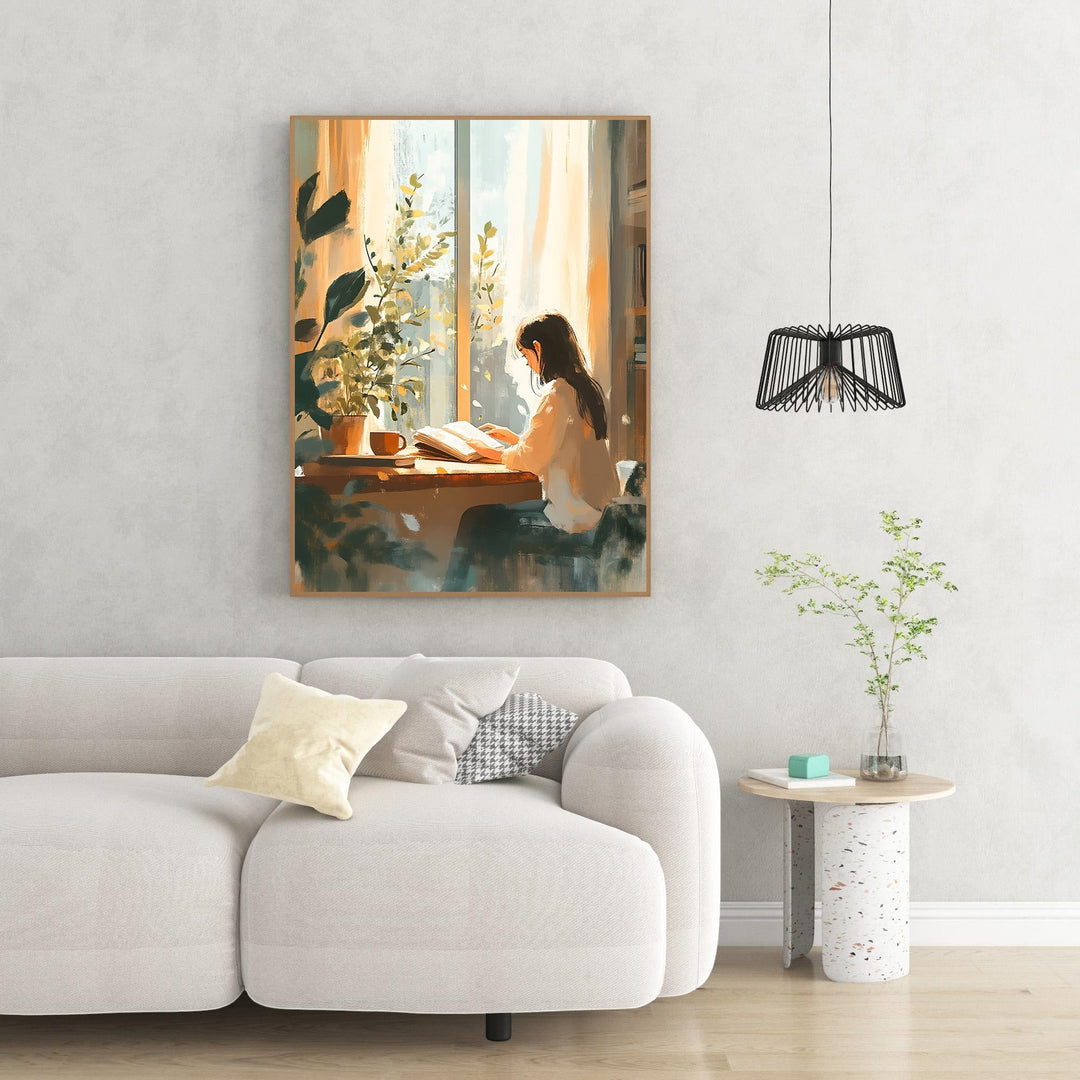 Wadi Home art print of a woman reading by a sunlit window with plants and books, evoking peaceful solitude.